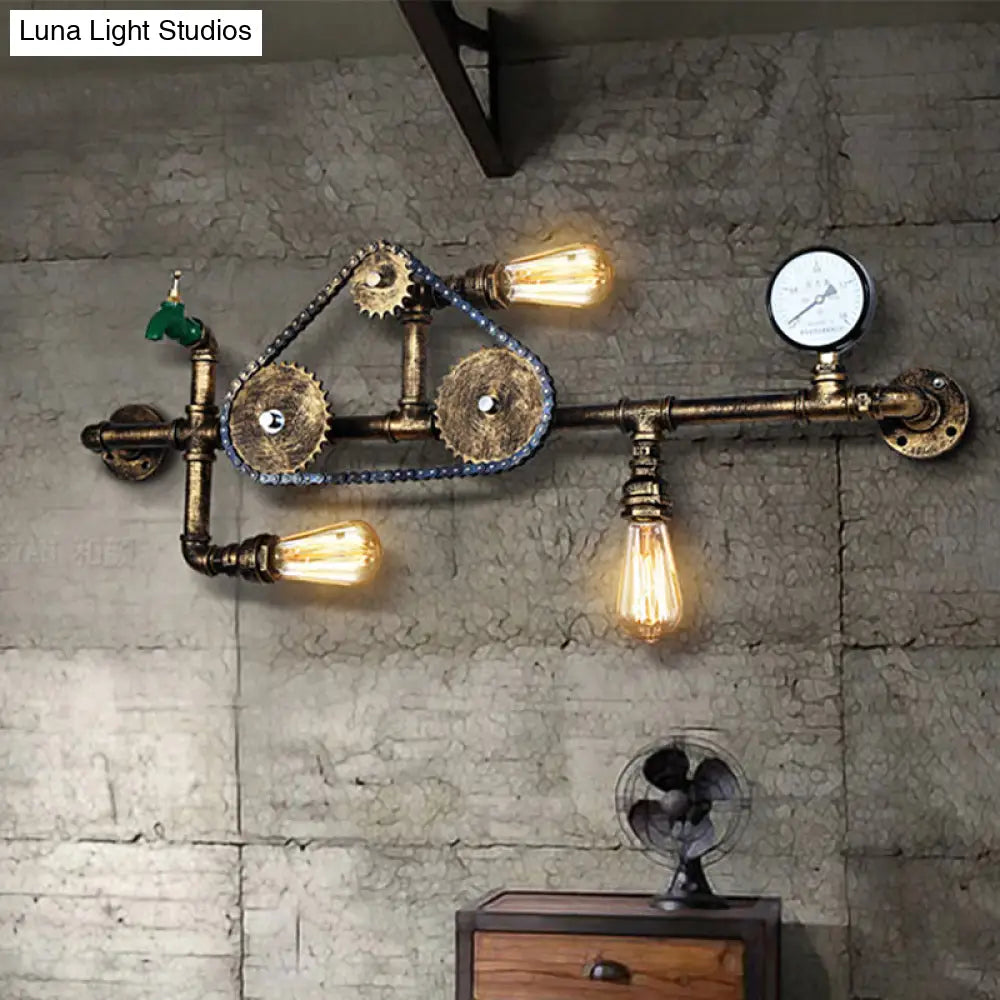 Steampunk Bicycle Wall Mount Light With Pipe Design - 3-Light Wrought Iron Lamp In Antique Brass