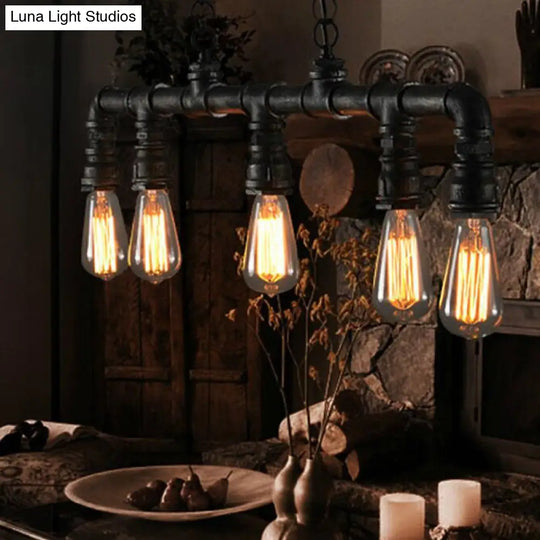 Steampunk Metal Water Pipe Pendant Light - 5 Bulbs Black Ideal For Dining Room Or Hanging Island
