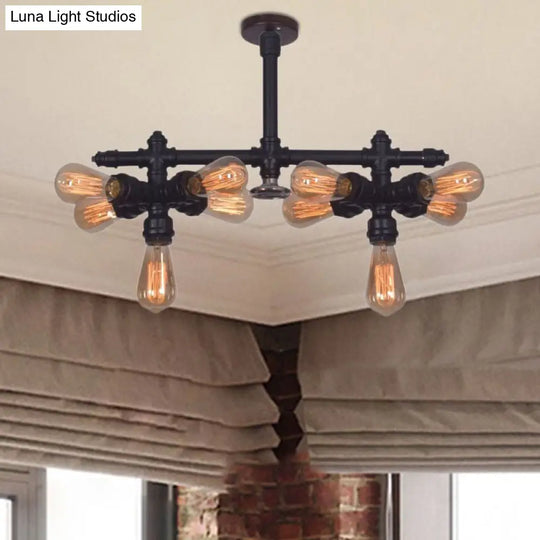 Steampunk Open Bulb Semi Flush Light - 10-Light Metallic Ceiling Fixture In Black