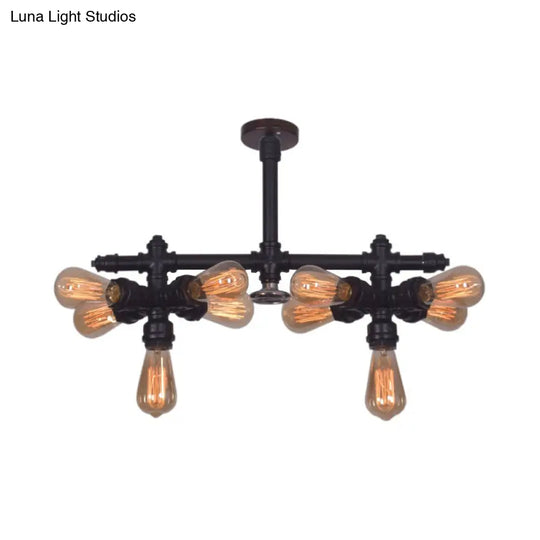 Steampunk Open Bulb Semi Flush Light - 10-Light Metallic Ceiling Fixture In Black