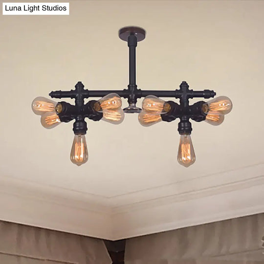 Steampunk Open Bulb Semi Flush Light - 10-Light Metallic Ceiling Fixture In Black