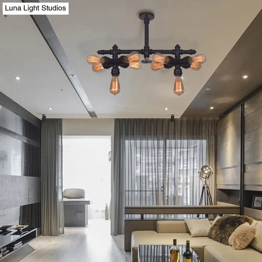 Steampunk Open Bulb Semi Flush Light - 10-Light Metallic Ceiling Fixture In Black