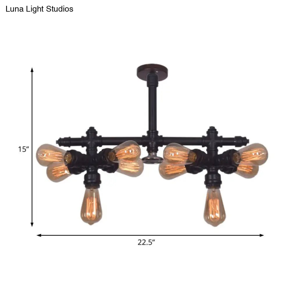 Steampunk Open Bulb Semi Flush Light - 10-Light Metallic Ceiling Fixture In Black