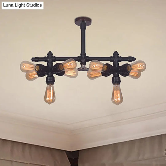 Steampunk Open Bulb Semi Flush Light - 10-Light Metallic Ceiling Fixture In Black