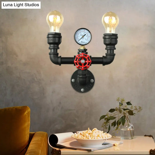 Steampunk Restaurant Wall Lighting In Black: 2/3-Lights Mount With Metal Pipe And Gauge 2 / Black