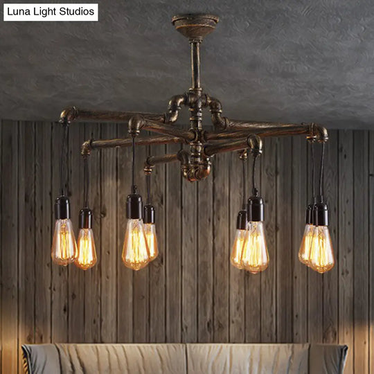 Steampunk Style 8-Head Chandelier Light Fixture: Rust Metal Pipe Hanging Lamp
