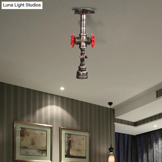 Steampunk Wrought Iron Semi-Flush Ceiling Fixture - Bronze Piped 1 Light For Living Room