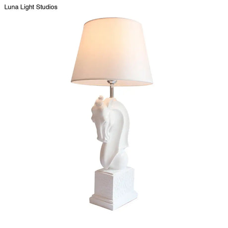 Steed Head Night Lamp With Resin Black/White Rural Design Cone Fabric Shade And Single Bulb
