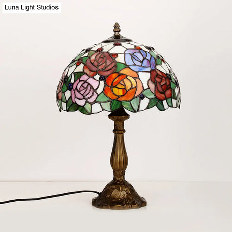 Stefania - Tiffany Bronze 1 Bulb Table Lighting Tiffany Rose Blossom Cut Glass Night Stand Lamp with Cabochons