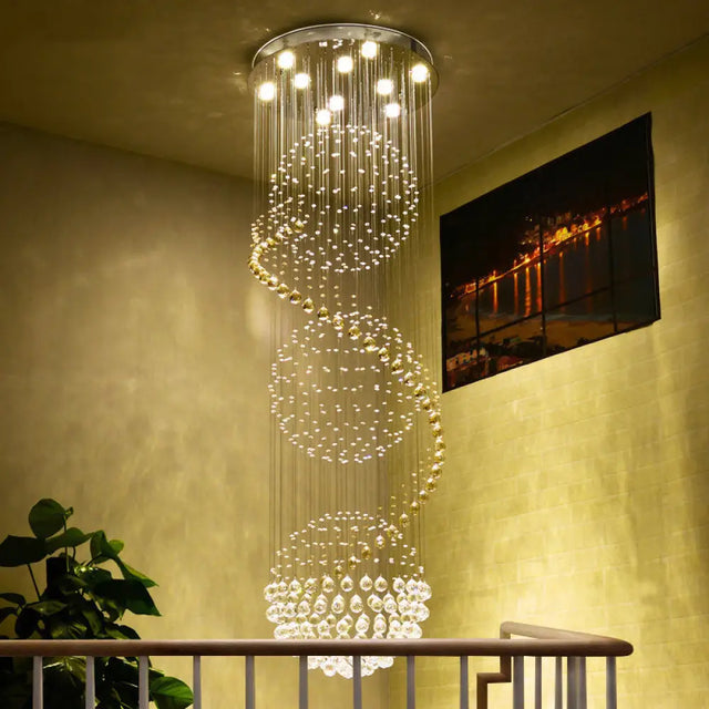 Stunning Crystal Spiral Led Chandelier - 4 Lights For Stairways Clear