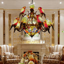 Stunning Multi-Color Parrot Chandelier: Lodge-Style Stained Glass Pendant Light Antique Bronze