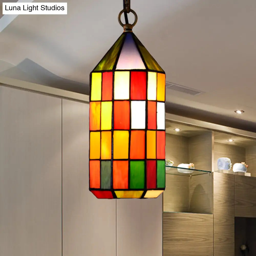 Stained Glass Hanging Pendant Light For Bedroom Or Living Room Multicolored Shade Red-Yellow-Green