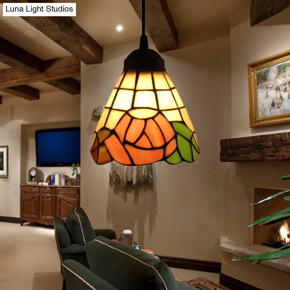 Tiffany-Style Pink Stained Glass Pendant Light - Cone Design 1 Head Elegant Hanging Fixture