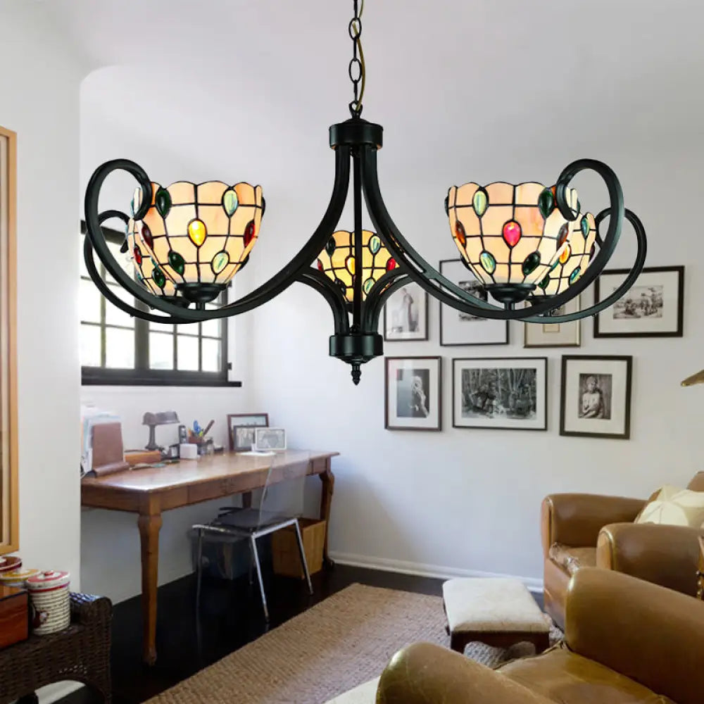 Stunning Tiffany Stained Glass Chandelier With Beaded Design - 5/6/8 Lights Beige Perfect For