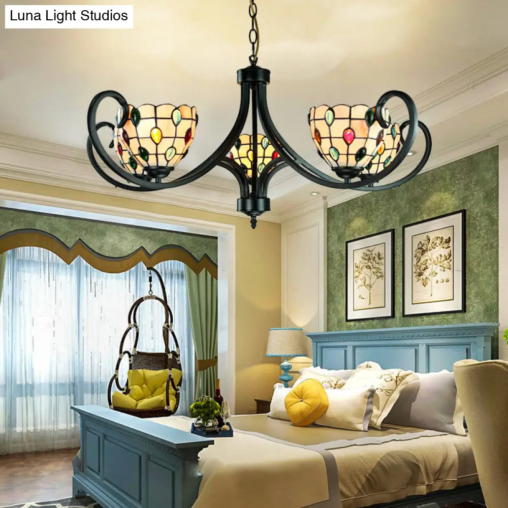 Stunning Tiffany Stained Glass Chandelier With Beaded Design - 5/6/8 Lights Beige Perfect For