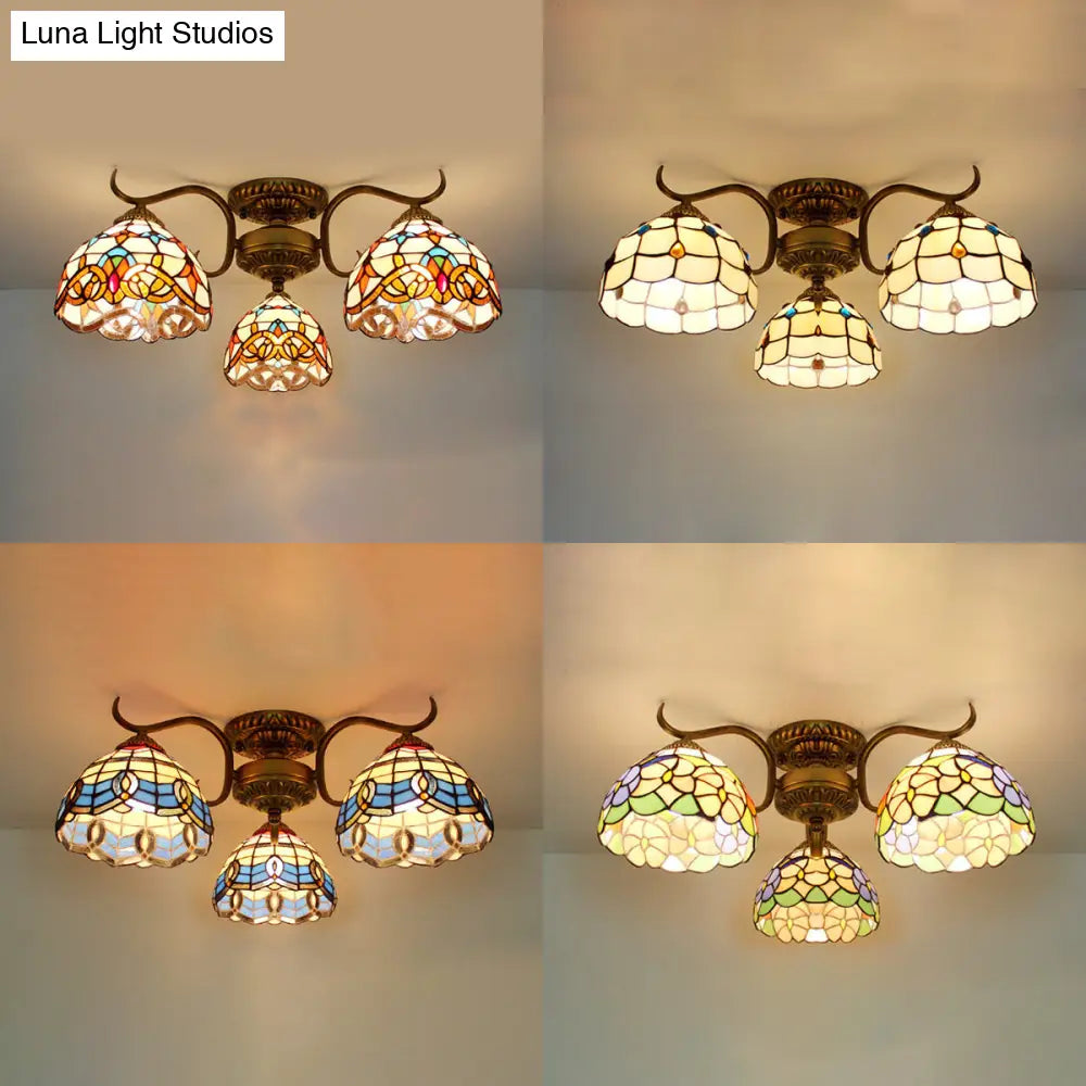 Stunning Tiffany Style Stained Glass Ceiling Light With Victorian Gem & Flower Design - 3 Semi Flush