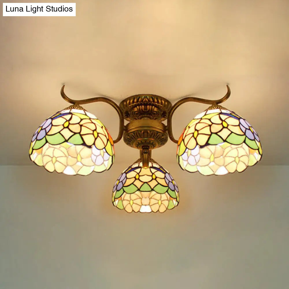 Stunning Tiffany Style Stained Glass Ceiling Light With Victorian Gem & Flower Design - 3 Semi Flush