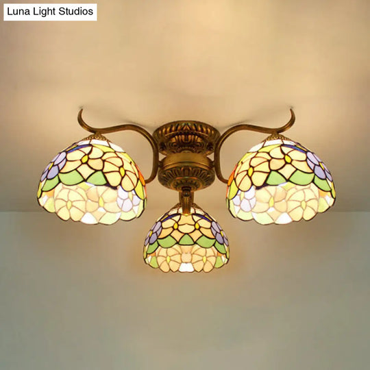 Stunning Tiffany Style Stained Glass Ceiling Light With Victorian Gem & Flower Design - 3 Semi Flush