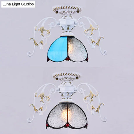 Stunning Traditional Stained Glass Ceiling Light With Blue Diamond/Frosted Shade - Black/White Semi