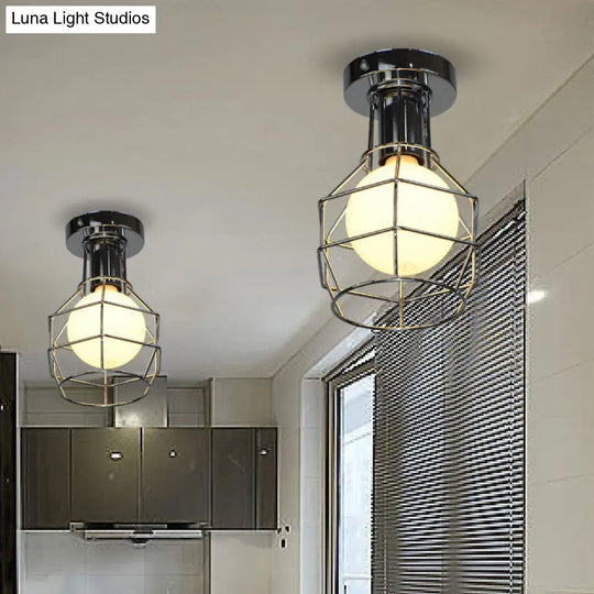 Stylish Antique Wire Guard Semi Mount Ceiling Light - 1 Head White/Gold Corridor