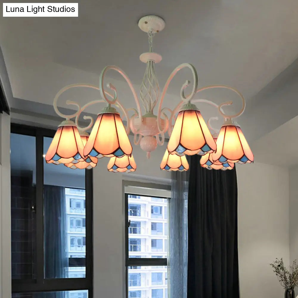 Stylish Arched Chandelier With Tiffany Glass Shades - 5/6/8 Lights For Bedroom Pendant Lighting