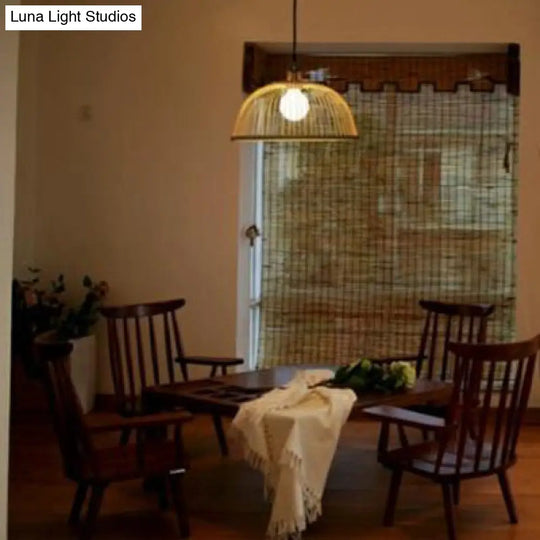 Stylish Asian Bamboo Pendant Hanging Lamp Ceiling Light - 1 Head Dome/Saucer Design In Beige For