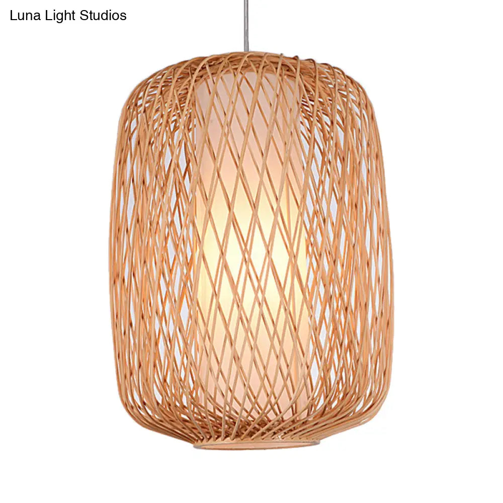 Stylish Asian Hand-Knitted Bamboo Pendant Lamp - Beige Shade 1 Light Living Room Lighting