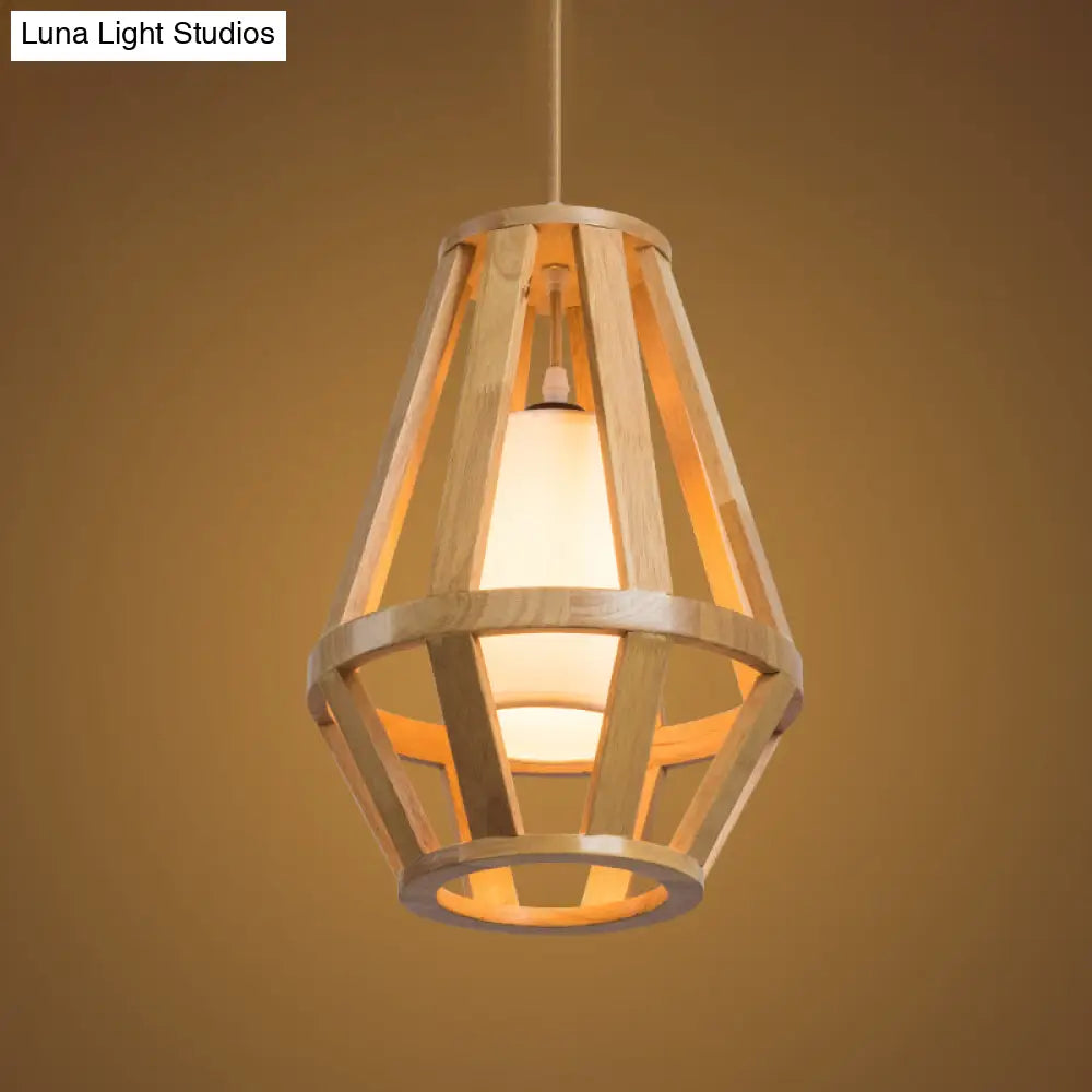 Stylish Asian Pendant Light With Wood Finish Single Bulb And White Cylinder Shade