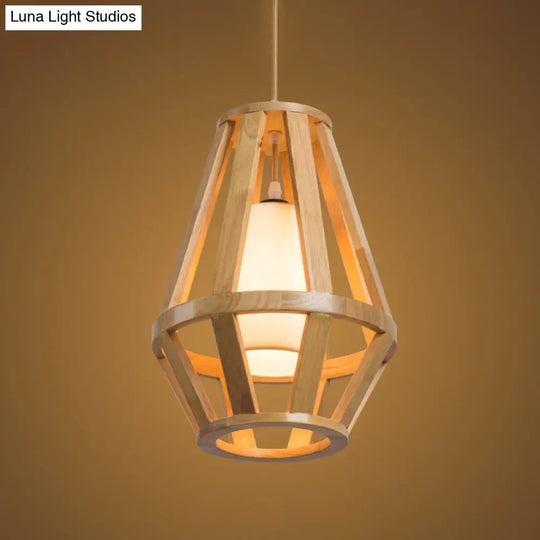 Stylish Asian Pendant Light With Wood Finish Single Bulb And White Cylinder Shade