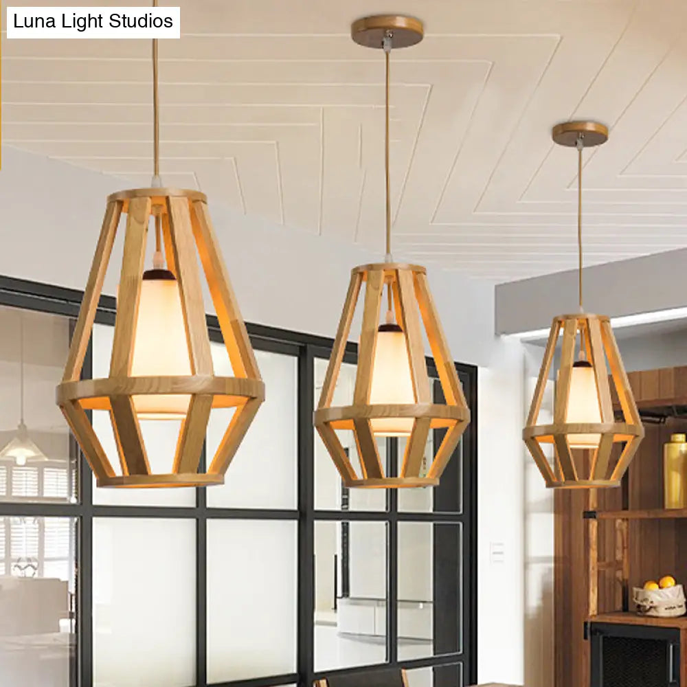 Stylish Asian Pendant Light With Wood Finish Single Bulb And White Cylinder Shade