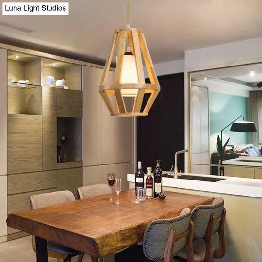 Stylish Asian Pendant Light With Wood Finish Single Bulb And White Cylinder Shade
