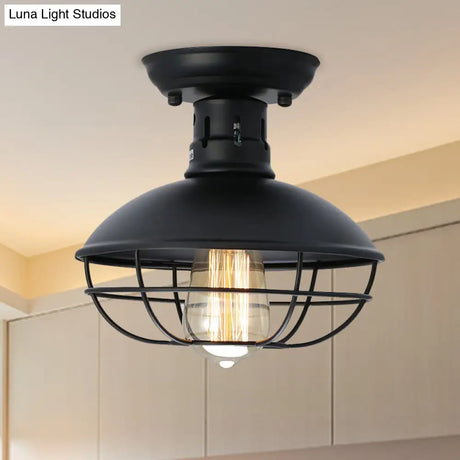 Stylish Black Bowl Semi Flush Mount Farmhouse Metal Ceiling Fixture With Cage Shade - 1 Light For