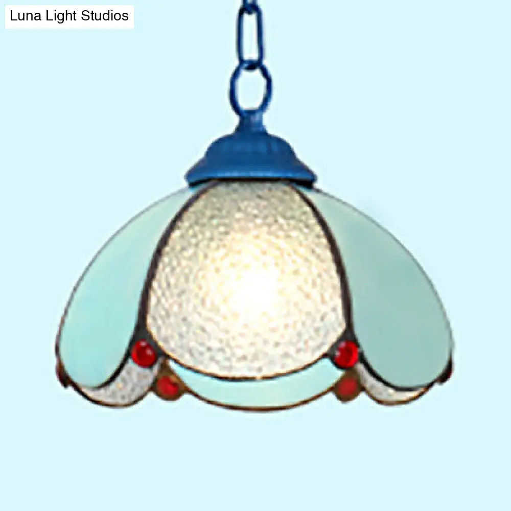 Mediterranean Stained Glass Flared Hanging Ceiling Light - 1 Bulb Down Lighting Black/White/Blue