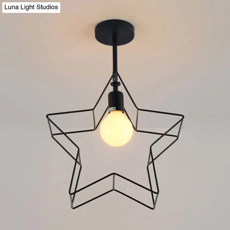 Stylish Black Wire Frame Ceiling Lamp With Star Shade - Bedroom Semi Flush Mount Lighting