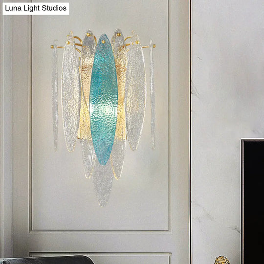 Stylish Blue/Clear Seedy Glass 2-Light Oval Flake Wall Sconce Lamp