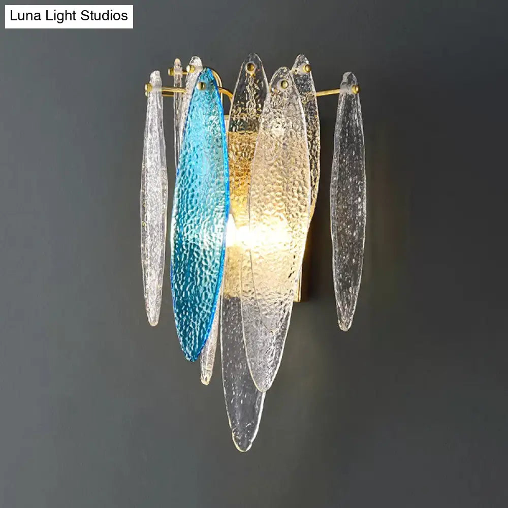 Stylish Blue/Clear Seedy Glass 2-Light Oval Flake Wall Sconce Lamp