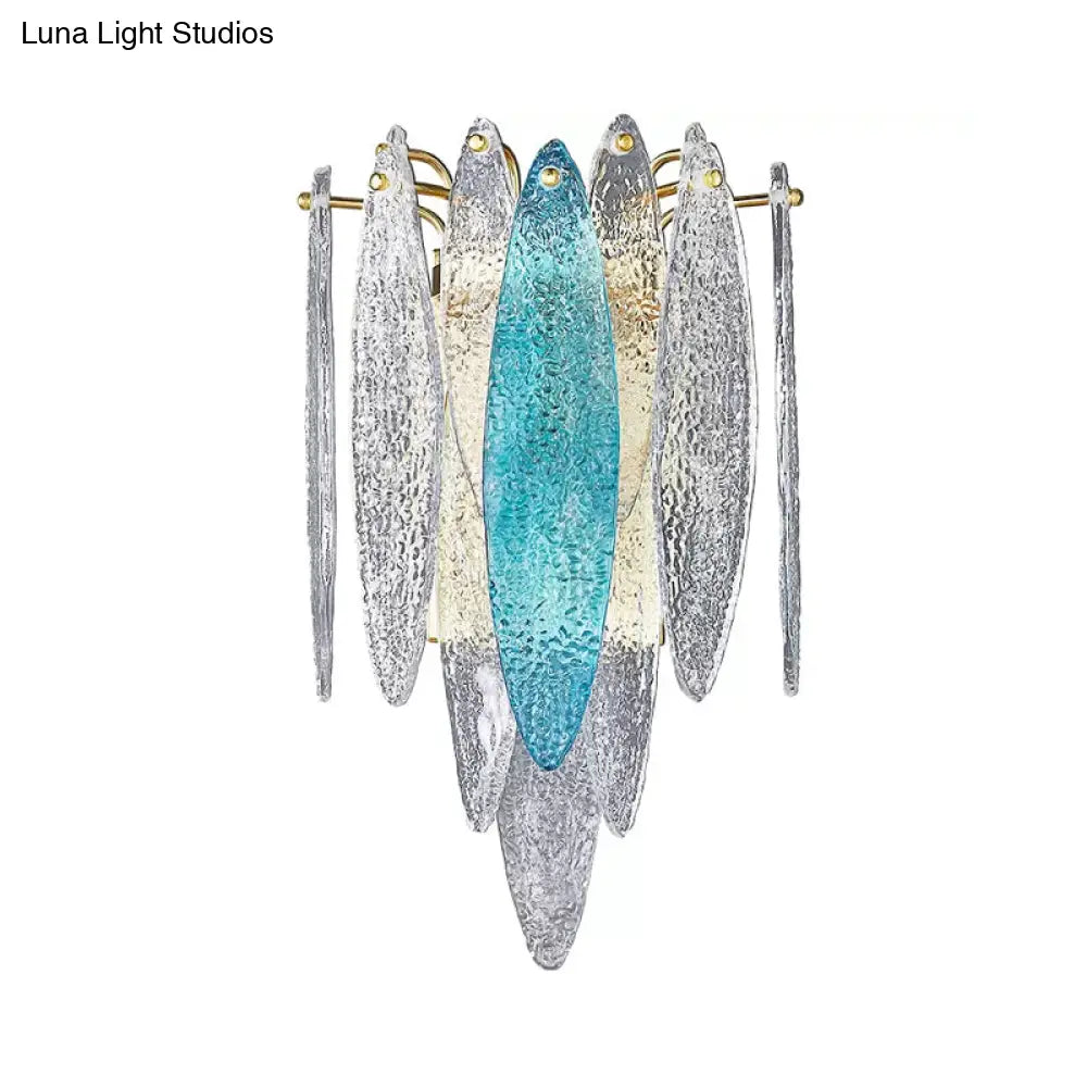 Stylish Blue/Clear Seedy Glass 2-Light Oval Flake Wall Sconce Lamp