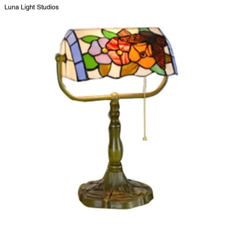 Stylish Blue/Orange Tiffany Table Lamp With Pull Chain & Rollover Shade