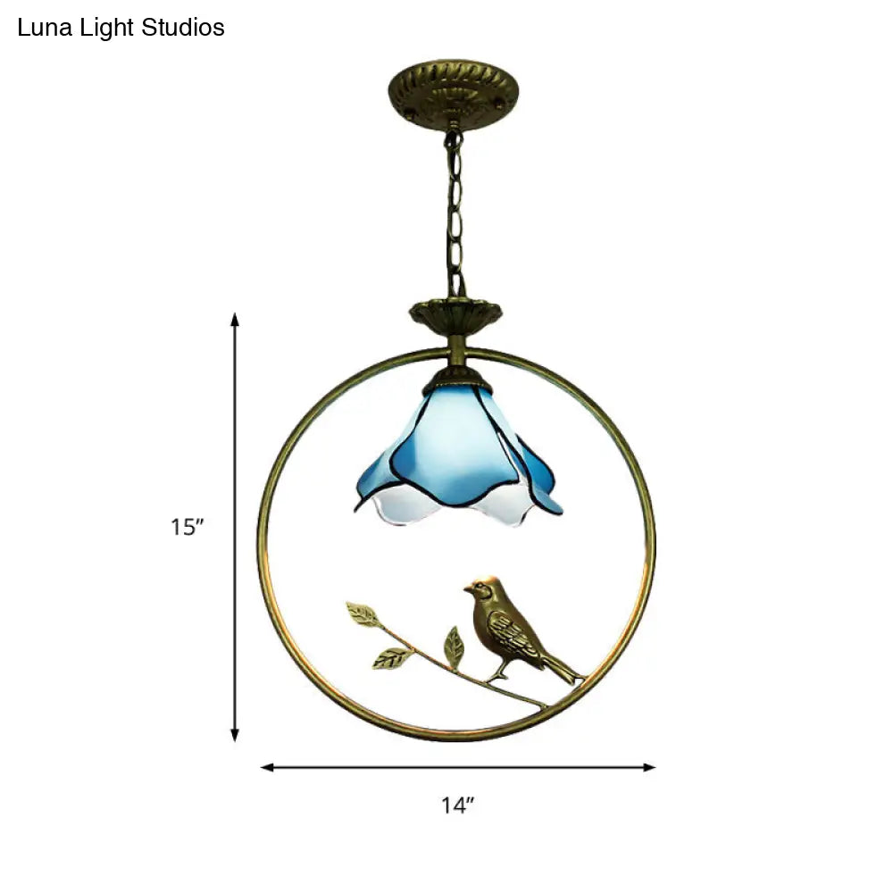 Blue Petal Tiffany Style Hanging Light Fixture - Handcrafted Art Glass Ceiling Lamp With Metal Ring