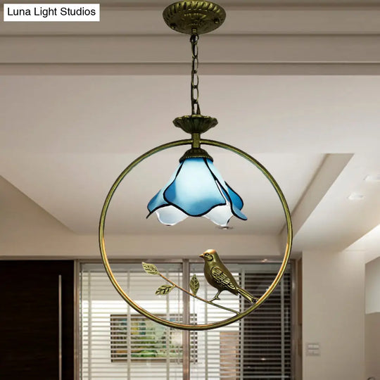 Stylish Blue Petal Tiffany Hanging Light Fixture - Handcrafted Art Glass Ceiling Lamp With Metal