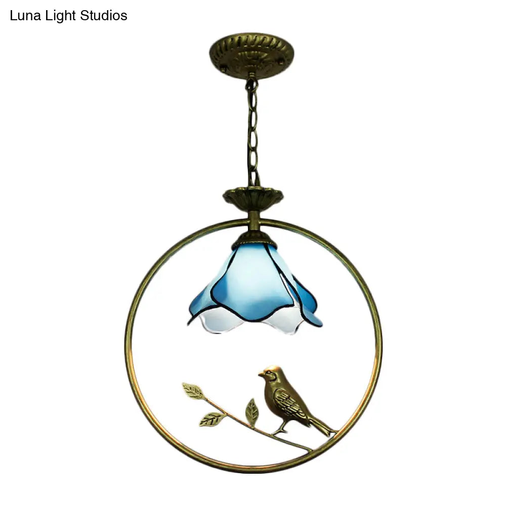 Stylish Blue Petal Tiffany Hanging Light Fixture - Handcrafted Art Glass Ceiling Lamp With Metal