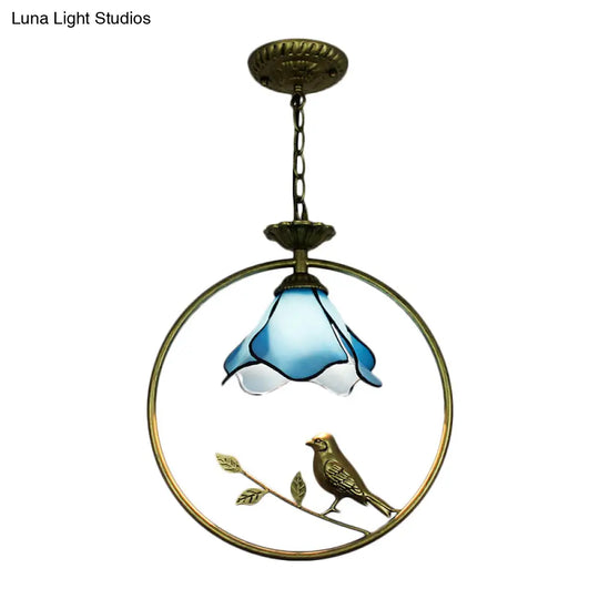 Stylish Blue Petal Tiffany Hanging Light Fixture - Handcrafted Art Glass Ceiling Lamp With Metal