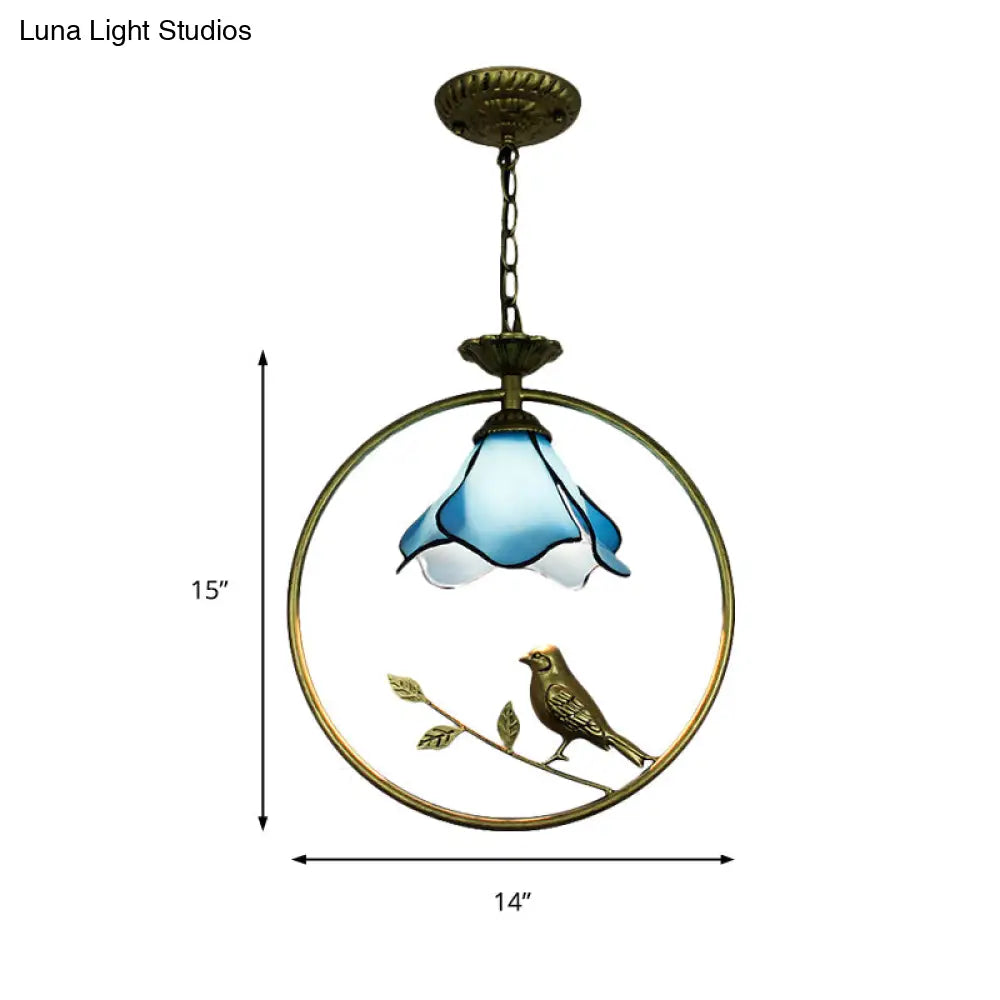 Stylish Blue Petal Tiffany Hanging Light Fixture - Handcrafted Art Glass Ceiling Lamp With Metal