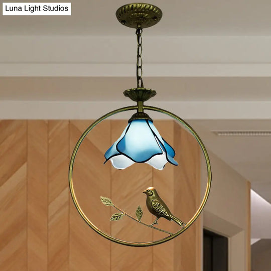 Blue Petal Tiffany Style Hanging Light Fixture - Handcrafted Art Glass Ceiling Lamp With Metal Ring