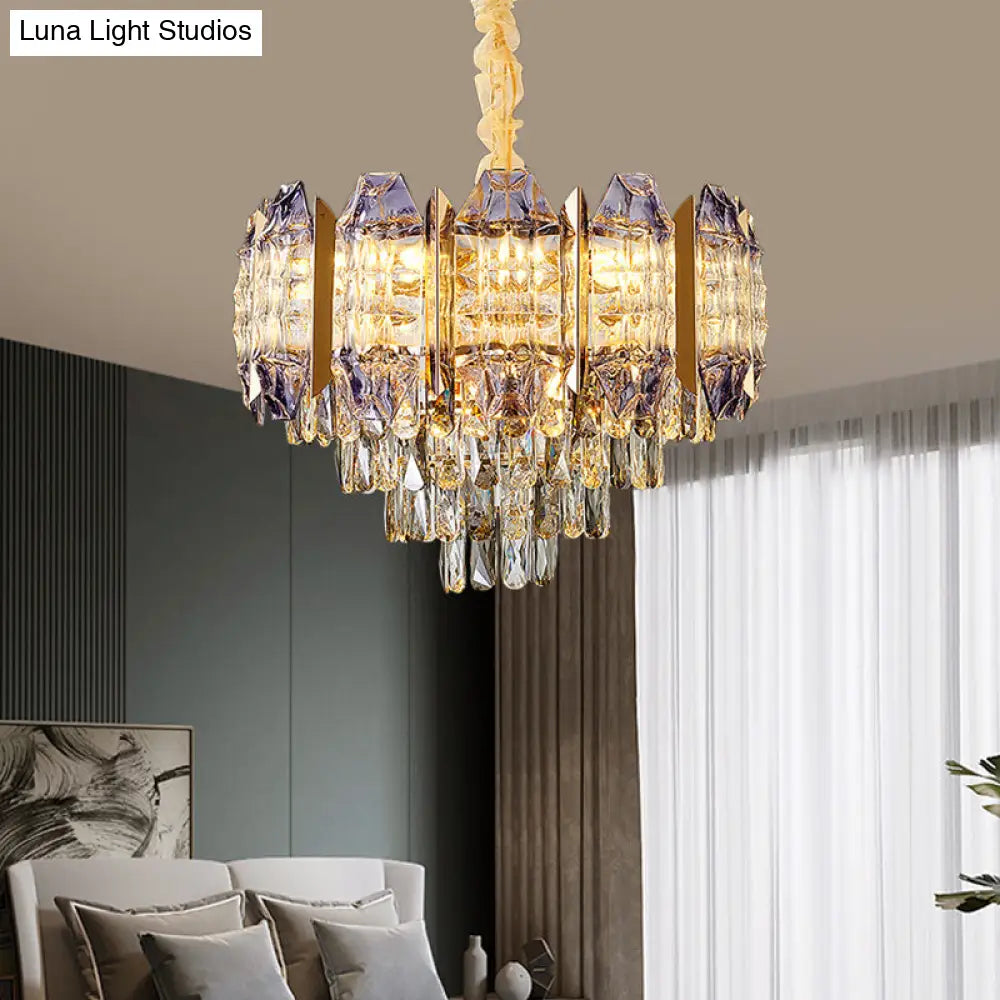 Stylish Prismatic Crystal 9-Light Gold Ceiling Chandelier - Modern Conical Design