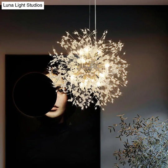 Stylish Dandelion Chandelier With Clear Crystal Beads - Modern Led Ceiling Light For Bedroom Brass
