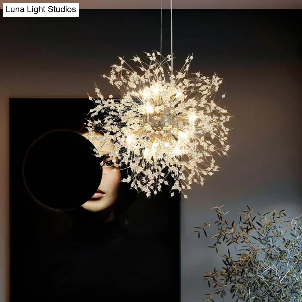 Clear Crystal Bead Led Ceiling Light: Modern & Stylish Dandelion Chandelier In Brass - Perfect For