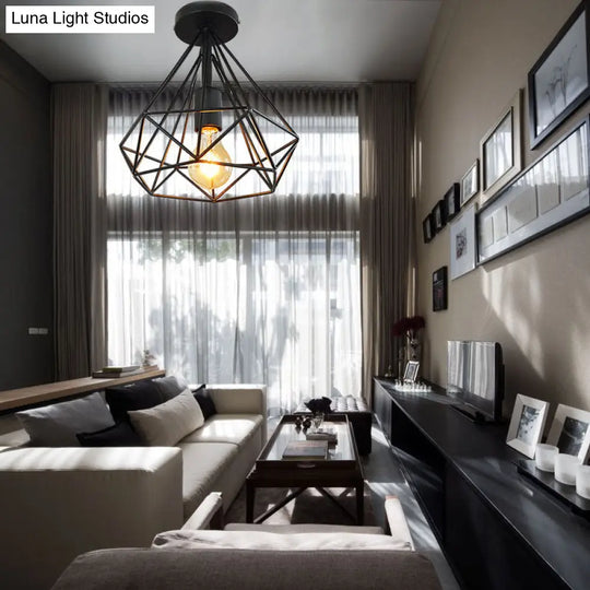 Stylish Diamond Metallic Ceiling Light Fixture For Bedroom - Semi Flush Industrial Cage Design Black