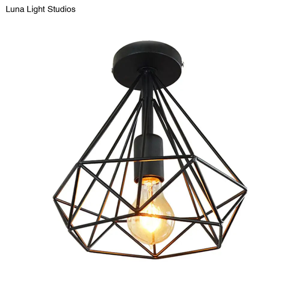 Stylish Diamond Metallic Ceiling Light Fixture For Bedroom - Semi Flush Industrial Cage Design