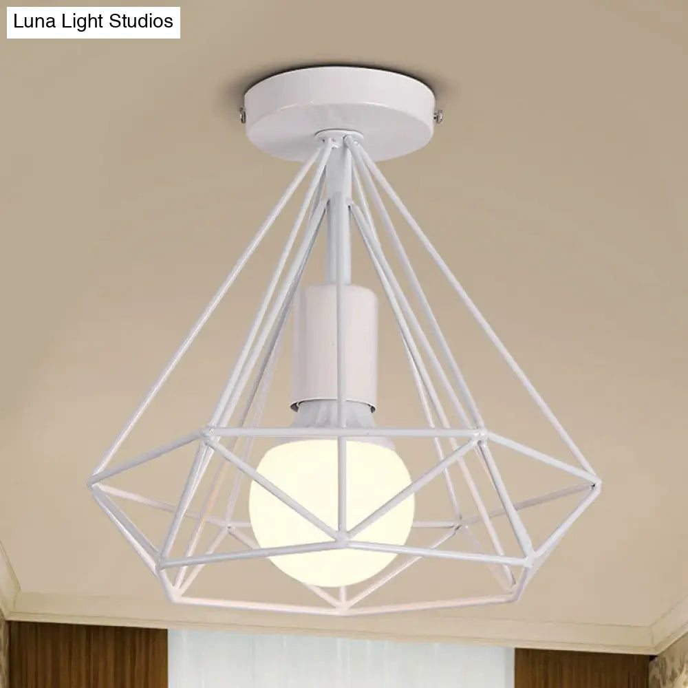 Stylish Diamond Metallic Ceiling Light Fixture For Bedroom - Semi Flush Industrial Cage Design